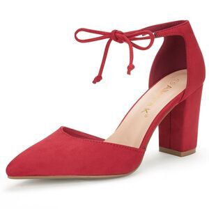 Ankle Tie Chunky Heel Red Pointed Toe Dress Pumps